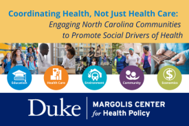 The event title is placed at the top of this graphic, with a bar of four photos and five icons beneath. The photos depict kids getting off a school bus, a doctor talking to a patient, two adults pushing kids in strollers, three adults on a walk, and a close-up of a person holding a wallet in both hands. The icons underneath read, &quot;Education, Health Care, Environment, Community, Economics.&quot; Beneath is the Duke-Margolis Center for Health Policy logo on a Duke blue background.